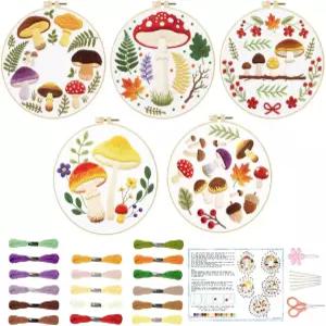 초보자를 위한 ACRNIGHEET 5PCS 자수 키트 버섯 지시 사항이 포함된 스타터 스탬프 천 후프 실 5개 공예품