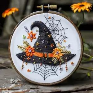 플로럴 위치 모자 자수 키트 할로윈 크로스 스티치 소재 세트 박쥐 해골 꽃 호박 무늬 초보자용 DIY 핸드