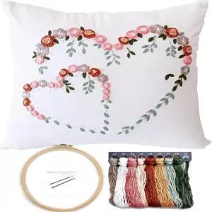 포누이 크루엘 베개 케이스 자수 키트 하트 모양의 러빙 유 플로럴 스탬프 패턴 오들트 초보자를 위한 작품