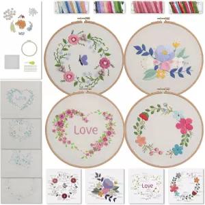 에버리 레벨2 4세트 팩 손 자수 키트 크로스 스티치가 아닌 사랑스러운 꽃 녹색 식물 및 새 패턴 바늘 공예