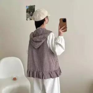 EAMT 여사친 봄 민소매 후드 집업 체크 조끼 EUNG1