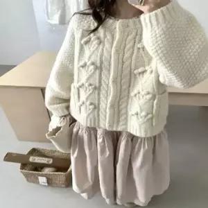 여성 니트 울 앤티크 모피 크림 입체 코바 꽈배기 코트 핸드메이드 KS1