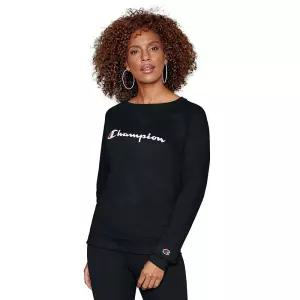 Champion 여성용 파워블렌드 크루, 스크린 프린트 스크립트, 블랙.