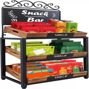 불에 탄 나무 트레이가 있는 마이 기프트 과일 스탠드 및 농장 빵 진열대 칠판 표지판이 3단 빈티지 금속