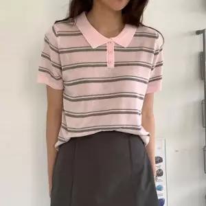 [샵앤] 여성 카라넥 단추오픈 단가라 여름 반팔 니트 티셔츠 21DS-WKN-5179-핑크