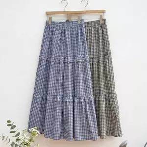 [샵앤] 여성 허리밴딩 3단 캉캉 레이스 체크 롱스커트 JR-WSK-5194