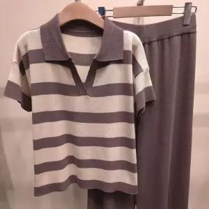 [샵앤] 여성 슬릿 카라넥 단가라 니트 티 바지 투피스 세트 21DS-WSET-5183-베이지