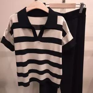 [샵앤] 여성 슬릿 카라넥 단가라 니트 티 바지 투피스 세트 21DS-WSET-5183-블랙