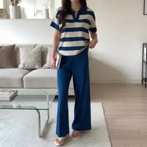 [샵앤] 여성 슬릿 카라넥 단가라 니트 티 바지 투피스 세트 21DS-WSET-5183-블루