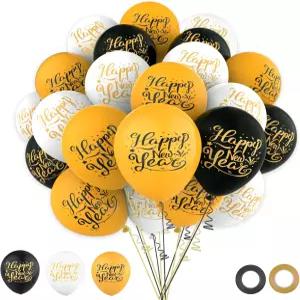 새해 복 많이 받으세요 키트 - 블랙 골드 화이트 라텍스 풍선 45개 12인치 이브 파티 장식용 리본 2개 포함