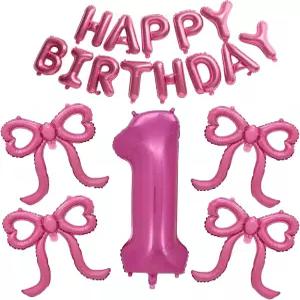 핑크 해피 버스데이 풍선 배너 자이언트 보우 포일 1위 소녀들의 첫 번째 생일을 위한 파티 장식