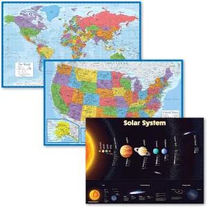 3팩 - 세계 및 미국 지도 + 태양계 포스터 세트 [BLUE] (라미네이트 18인치 x 29인치)