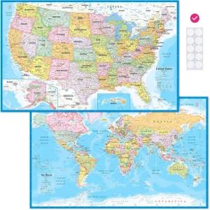 2팩 적층 세계 지도 및 미국 포스터 세트 18 x29 월 차트 교실 가정 학교 사무실을 위한 교육 지리 장식