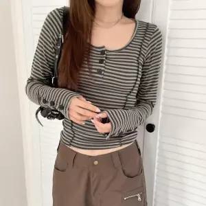 /옷자락 여자 신축성 절개라인 헨리넥 긴팔티