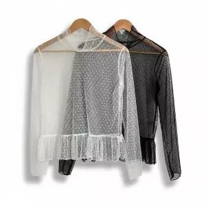 /신상오픈런 여성 도트 프릴 하이넥 시스루 박시 블라우스