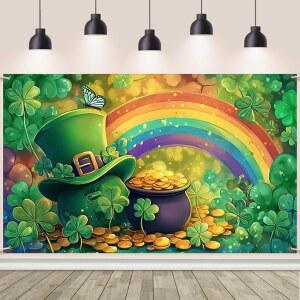 AIBIIN 해피 세인트 패트릭 데이 사진 배경 레인보우 골드 코인 그린 샴록 럭키 클로버 배너 파티 장식 용품 70 43 인치
