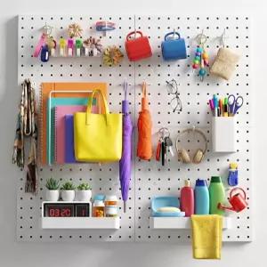 바이트플라이 페그 보드 벽 정리함 24 x24 화이트 메탈 17개의 액세서리가 있는 4개의 패널 후크가 달린 월