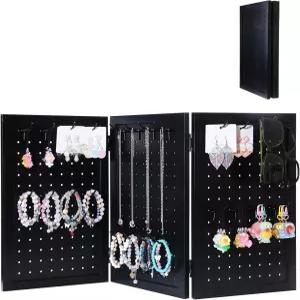 팔찌 귀걸이 및 열쇠고리를 위한 24개의 탈착식 블랙 메탈 후크가 있는 나무 접이식 휴대용 3패널 페그보드