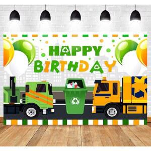 MEETIOY 쓰레기 트럭 파티 쓰레기통 사진 배경 풍선 스튜디오 소품 배너 시티 빌딩 소년 생일 축하 용품 5X3피트