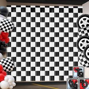 YAHEBODT 경주용 자동차 포일 프린지 커튼 배경 파티 장식 2PCS 3피트 블랙 화이트 아이리데센트 사진 부스 소품 레이싱 테마 생일 용품