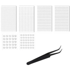 Lngub 2062개 스티커, 셀프 접착 반짝이는 다이아몬드 스티커 블랙 핀셋 부착 얼굴 헤어 바디 메이크업 DIY 공예용 스티커 (6가지 사이즈, 3/4/5/6/8/10mm)