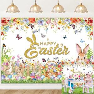행복한 부활절 배경 사진 토끼 색상 달걀 배너 파티 장식 소품 7X5FT