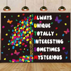 자폐증 인식 사진 배경 6X4피트 인식의 배너 컬러풀 퍼즐 조각 사랑은 단어가 필요 없습니다 테마 파티 장식 용품에 대한 지식이 필요합니다