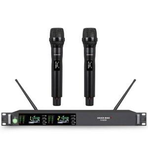골든 마스 무선 마이크 시스템, 2채널 마이크, 2x100 UHF 주파수, IR 오토 스캔, 328피트 장거리, 노래, 교회, 노래방을 위한 휴대용 다이내믹 2개