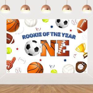 핑글랜드 스포츠 테마 1세 생일 배경 5X3피트 올해의 신인상 사진 1장 축구 농구 야구 소년 파티 용품