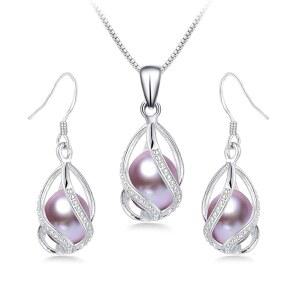 헨셩 진주 주얼리 세트 여성용 S925 스털링 실버 / 골드 목걸이 및 귀걸이 결혼 기념 무도회 생일 선물용 담수 펜던트 케이지