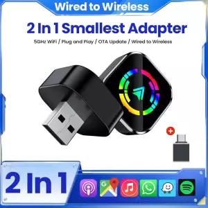 2in1 무선 CarPlay 어댑터 및 Android 자동 유선 자동차 용 플러그 앤 플레이 WiFi Bluetooth 연결