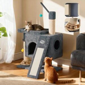 실내 고양이를 위한 펫댄스 37인치 올인원 소형 고양이 나무 아늑한 콘도 창문 농어 사이살 긁기 포스트 인터랙티브 트랙 장난감 셀프 그루밍 브러시가 있는 공간 절약형 타워 라이트 그레이