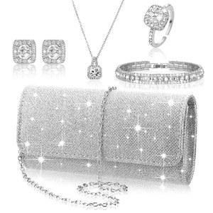 신부 결혼식을 위한 캔칭 5개 라인스톤 주얼리 세트 글리터 블링 클러치 지갑 목걸이 귀걸이 반지