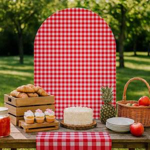 후아이 레드 화이트 체크 아치 배경 커버 파티 치아라 장식 아치형 스탠드 디스플레이 소품 농장 배너 GX233 5피트 6피트