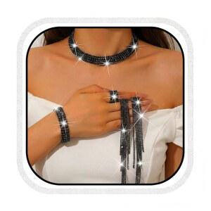 유니크라 라인스톤 신부 결혼식 주얼리 세트 실버 초커 목걸이 귀걸이 반지 프롬 공식 의상 여성 및 신부를 위한