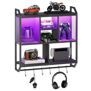 HOOBRO LED 조명이 있는 게이밍 플로팅 선반, 72 9cm 28 5인치 LED 벽걸이 선반, 벽 보관을 위한 3단 디스플레이 랙, 걸이용 로드 및 6개의 S-후크가 있는 플로팅 랙, 게임 룸용, 블랙 BB70DBJ01