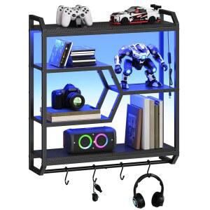 LED 조명이 있는 후브로 게이밍 플로팅 선반, 27 5인치 LED 벽걸이 선반, 걸이봉 및 4개의 S-훅, 4단 걸이식 디스플레이 랙, 거실, 게이밍 룸, 블랙 BB71DBJ01용
