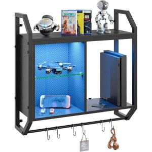 Bestier 벽용 63 5cm 25인치 LED 게이밍 플로팅 선반, 벽걸이 선반 파이프 조절 가능한 유리 선반, 6개의 S- 타월 바가 있는 벽걸이 디스플레이 랙, 게임 룸 장식 선반, 탄소 섬유 블랙