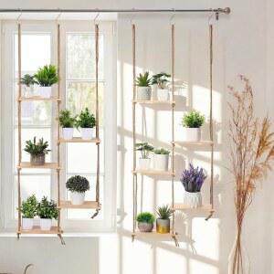 Novabright 나무 선반이 있는 창문 걸이 식물 선반, 마크라메 로프 걸이식 식물 스탠드, 3개의 S , 실내 실외 침실 창틀 발코니 보헤미안 장식용 나무 색상, 2개