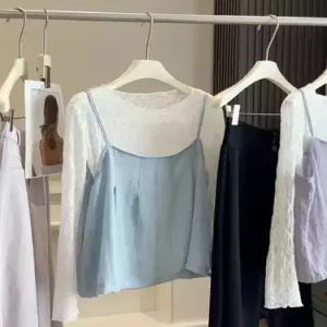 여친 봄 투피스 면마 라운드넥 나시 티 셔츠 럭셔리 프렌치 자수 레이어드 레이스 MF1