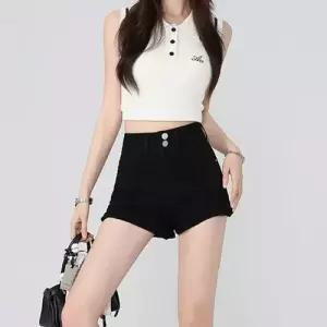 여성용 데님 검정 청반바지 청바지 하이웨스트 반바지 투버튼 스판 A라인 핫팬츠 admr1