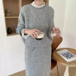 여성 프릴 레이스 루즈핏 니트 밴딩 롱스커트 세트 2색