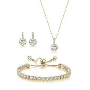 우딜군 신부 들러리 주얼리 세트 라운드 큐빅 지르코니아 귀걸이 목걸이 팔찌 여성 웨딩 파티 프롬 데일리