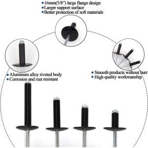 블랙 대형 플랜지 블라인드 리벳 알루미늄 직경 5/8인치(16mm)  팝 3/16인치 x 1인치 그립 범위(15-20mm)
