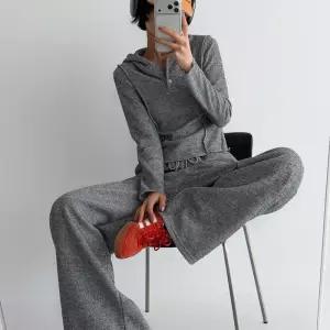 [옷자락]여자 골지 반버튼 크롭 슬림후드티 루즈 일자바지 세트