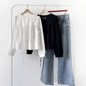 여자 라운드넥 퍼프소매 스트링 셔링 블라우스