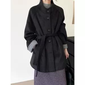 여성 하프 모직 코트 스탠딩 카라 체크 싱글 조거 BE1