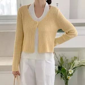 [옷자락]여자 봄 홀터넥 골지나시 원버튼 파스텔 벚꽃룩 가디건