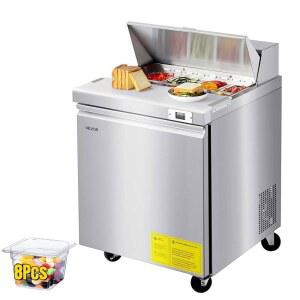 VEVOR 상업용 냉장고, 28인치 W 샌드위치/샐러드 준비 냉장 테이블, 스테인리스 스틸 스테이션 8팬, 레스토랑, 바, 상점, 7.1Cu. 피트 냉장고 단문, 실버