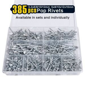 385개 8가지 크기 알루미늄 블라인드 리벳(3.2x6/8/10/12mm 5x8/10/12/16mm)  팝 리벳 모음 키트(실버)